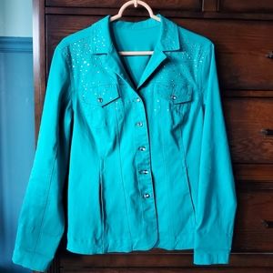 Boutique Stretch Denim Rhinestone Jacket Teal